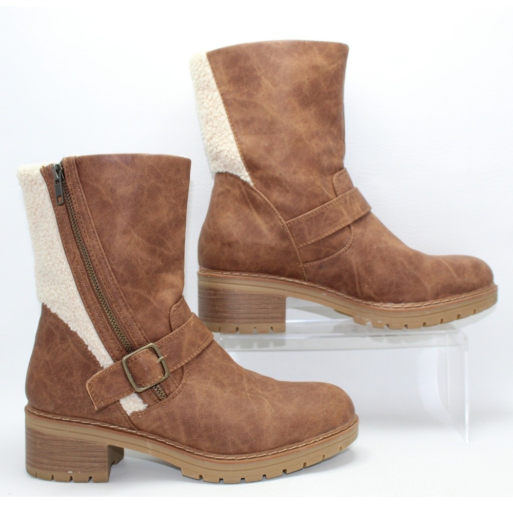Baretraps Alary Brown Faux Leather Shearling Trim Mid Calf Boots 9.5M
